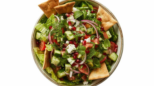 Vibrant Fattoush salad with feta cheese, pomegranate seeds, and pita bread pieces