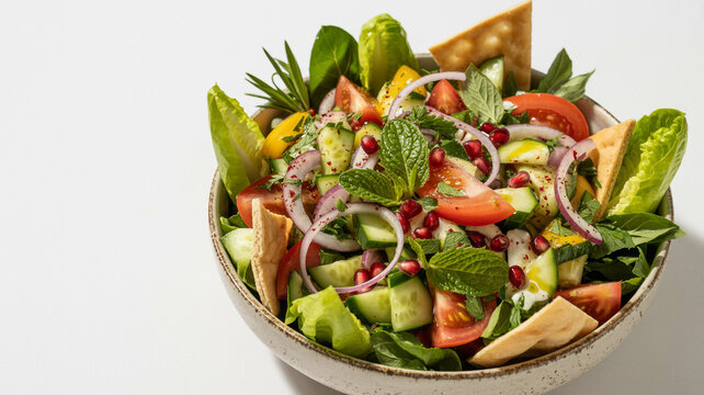 Vibrant Middle Eastern Fattoush salad in a rustic bowl with pita bread