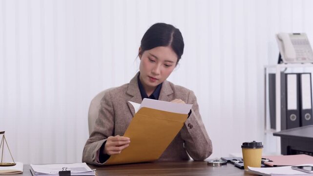 professional Asian women lawyer review legal document contract paper read case file at office desk with business suit focused concentrated work
