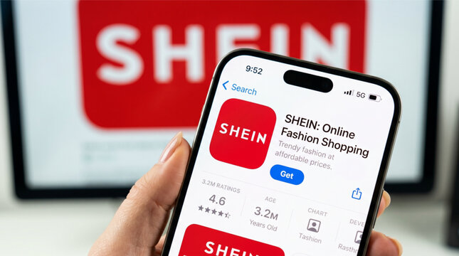 SHEIN Mobile App for Online Fashion Shopping displayed on iPhone Screen held by Hand with Brand Logo Background for E-commerce Retail Business Trend