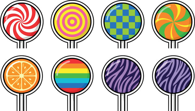 Colorful Round Patterned Lollipop Sticker Vector Set Featuring Swirl Target Checkered Orange Slice Rainbow Pride and Zebra Print Hard Candy Designs