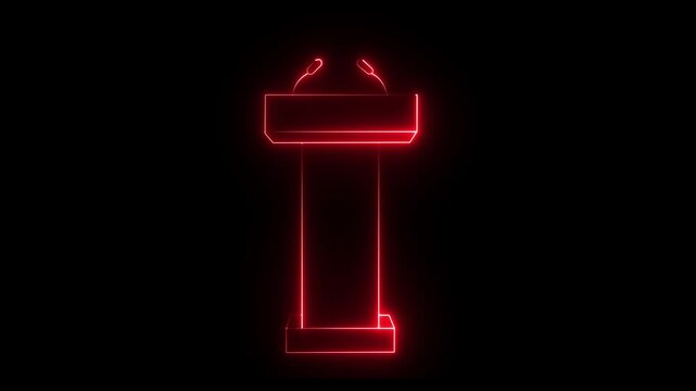 Glowing neon Podium Tribune Rostrum Stand with Microphones icon isolated on black background. Stage stand or debate podium rostrum icon animation. Conference speech. black background 4k video