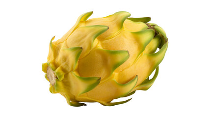 Obraz premium Vibrant yellow dragon fruit with green spiky skin isolated on white background