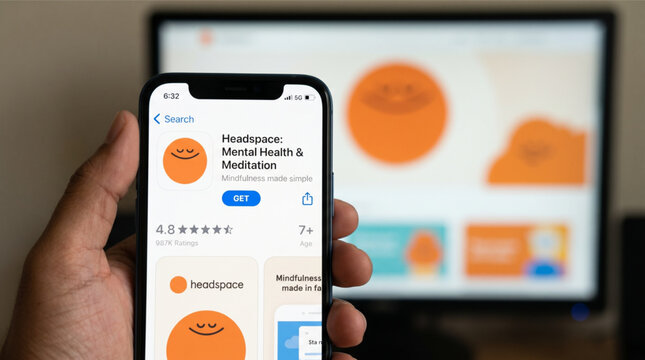 Hand Holding Smartphone with Headspace Mental Health and Meditation App on App Store Screen with Computer Monitor Background Wellness Technology