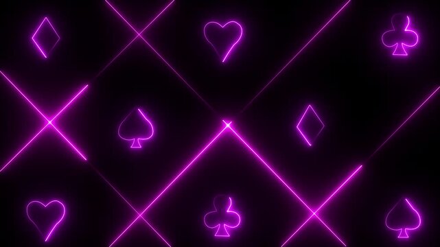 Neon PINK playing card suits and intersecting lines on a dark background hearts diamonds 4K VIDEO ANIMATION