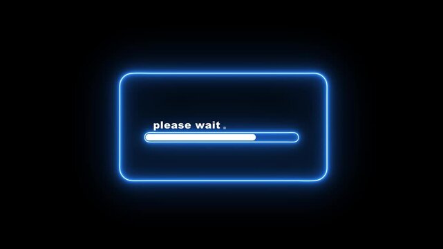 Please wait loading animation on black background, neon progress bar UI screen, glowing system processing indicator, buffering and waiting interface animation
