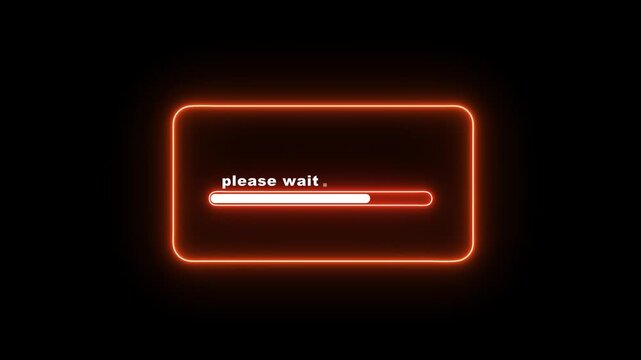 Please wait loading animation on black background, neon progress bar UI screen, glowing system processing indicator, buffering and waiting interface animation