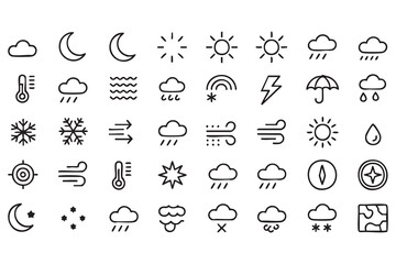 Fototapeta premium Climate and Meteorology Line Icon Set with Storm, Temperature, Rainbow and Wind Graphics