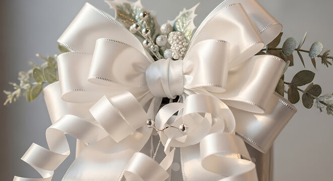 White satin ribbon bow with silver beads a decorative element against a light background