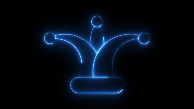 glowing neon Jester joker Hat Icon Animation on Black Background. Neon Clown Hat with Bells. Casino gambling. Colorful Circus Festival, Masks and Party Elements, carnival character with joker