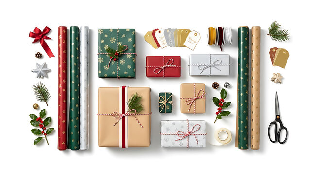 Assorted Wrapped Gifts And Holiday Decorations On A White Background Arrangement gift wrap