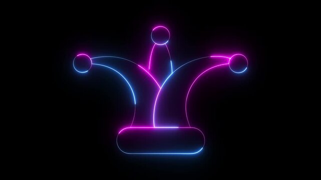 glowing neon Jester joker Hat Icon Animation on Black Background. Neon Clown Hat with Bells. Casino gambling. Colorful Circus Festival, Masks and Party Elements, carnival character with joker