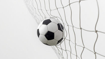 Fototapeta premium Soccer Ball Hitting Goal Net on White Background, Football Score Concept