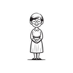 Fototapeta premium Cute cartoon grandma standing with clenched fists in front, illustrated in a simple bold outline vector style with clean thick lines.