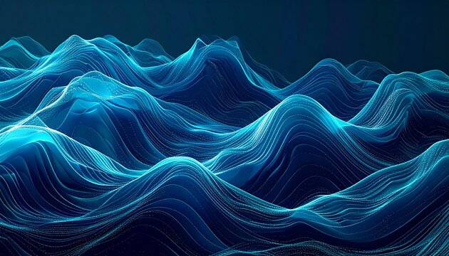 Navy and cyan digital wave patterns, abstract business data visualization style, large copy space background