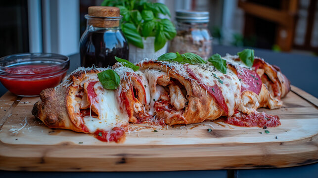 Delicious pepperoni pizza stromboli with melted cheese served on wooden board with tomato sauce