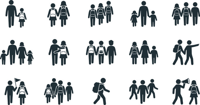 Set of stick figure icons showing children and students in various group activities.