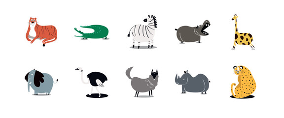 Fototapeta premium Vector illustration of various cartoon animals in a playful style.