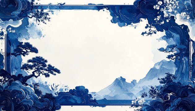 Traditional Japanese indigo paper texture around outer edges, clean white center, sophisticated background
