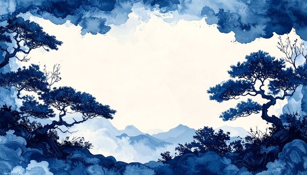 Traditional Japanese indigo paper texture around outer edges, clean white center, sophisticated background