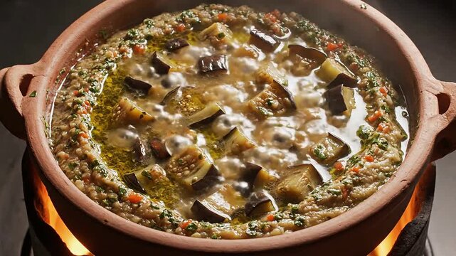 Close-Up Of Steaming Traditional Vegetable Stew In A Rustic Clay Pot, Showcasing Fresh Ingredients And Aromatic Herbs For Culinary Visuals