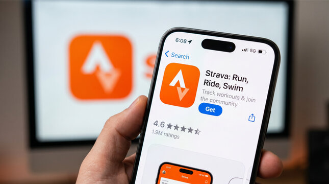Hand holding iPhone displaying Strava fitness app in the Apple App Store, monitor with logo in background, mobile workout tracking, social sports app