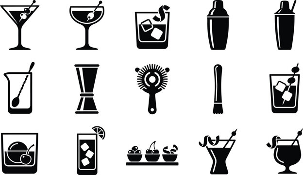 Set of black cocktail bar equipment and beverage icons.