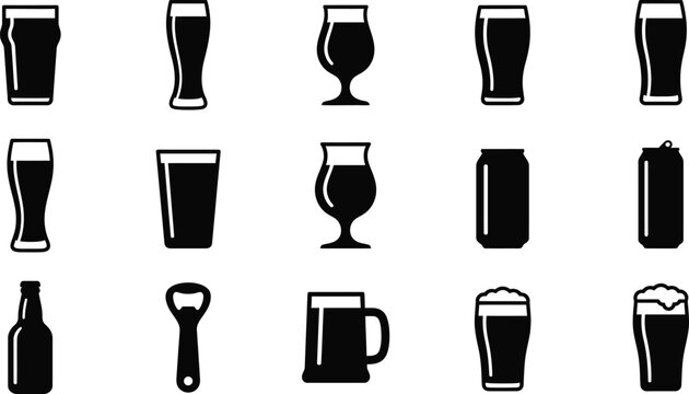 Collection of various beer glasses and brewery related drink icons.