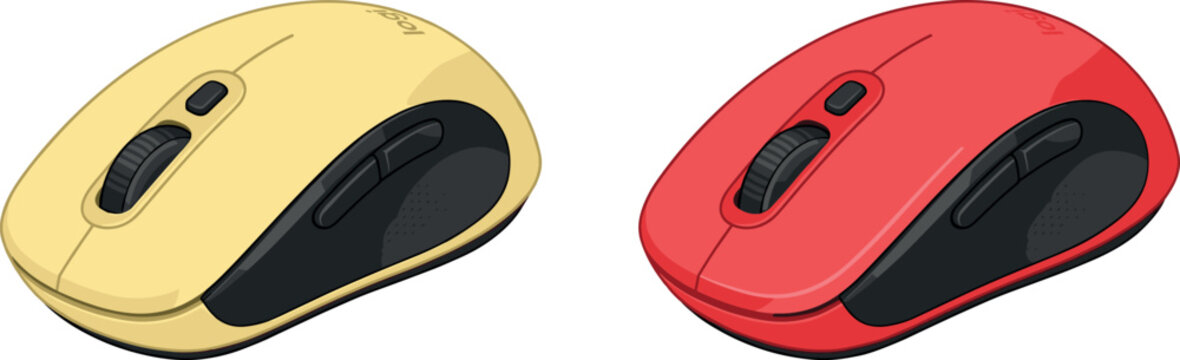 Wireless Computer Mouse Vector Illustration Set in Red and Yellow Colors for Modern Office and Gaming Desktop Setups