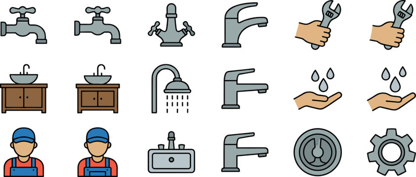 Plumbing Service and Home Repair Color Line Icon Set with Faucets Showerheads Bathroom Sinks Plumber Characters Hand with Wrench and Water Saving Vector Elements