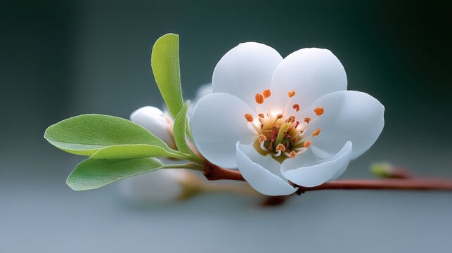 Pear blossom white flower macro branch green leaf spring closeup blue background, delicate bloom on twig with soft bokeh