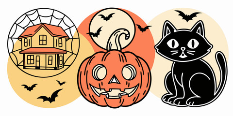 Halloween Illustrations Featuring Haunted House Jack o lantern And Black Cat © Rathin