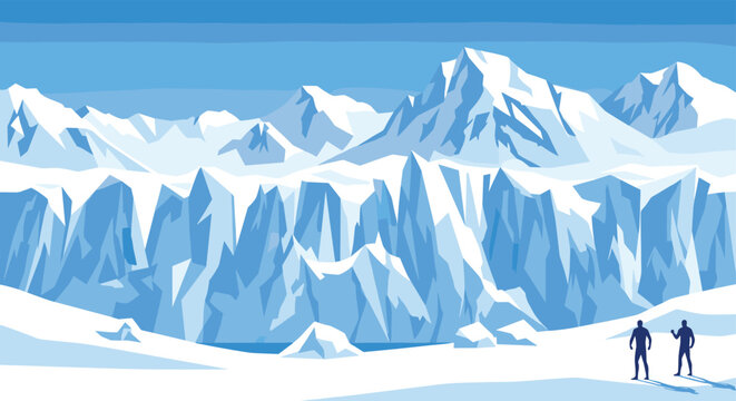 Vast arctic landscape featuring massive blue glaciers and snowy mountains with two tiny human figures standing in the frozen foreground.