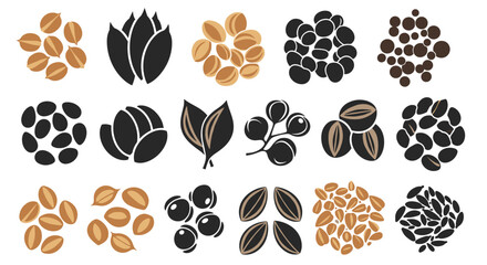 Fototapeta premium Collection of various seed and grain icons featuring coffee beans corn wheat and other agricultural plant seeds.