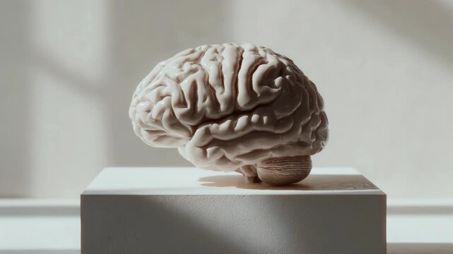 Detailed anatomical model of human brain with visible cerebral folds and sulci in side view on soft blue background