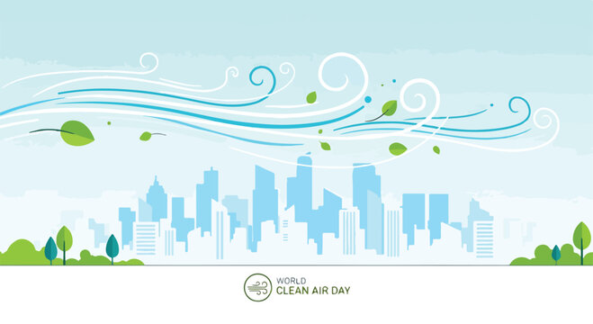 A city skyline with green leaves and blue waves