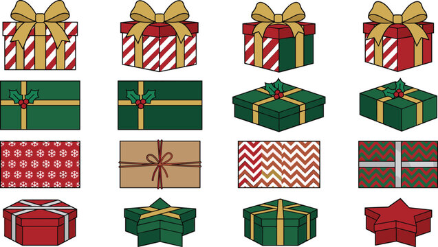 Christmas Gift Box Icon Set with Festive Ribbons Bows Stripes Snowflakes Star Shapes and Holly Berry Wrapping Paper Patterns Vector Illustration