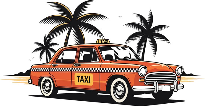 Classic Orange Tropical Taxi Cab Palm Trees Vector Illustration