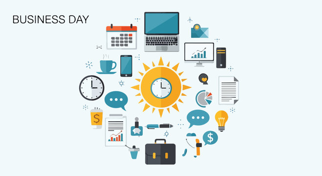 A business-themed graphic with various office supplies and gadgets