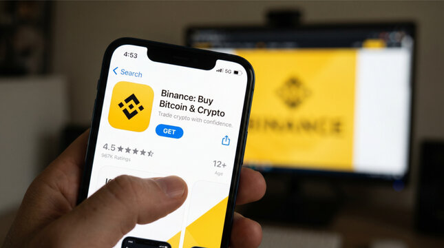 Person Holding iPhone with Binance App on Screen for Buying Bitcoin and Cryptocurrency Trading on Digital Exchange Platform Smartphone Finance App