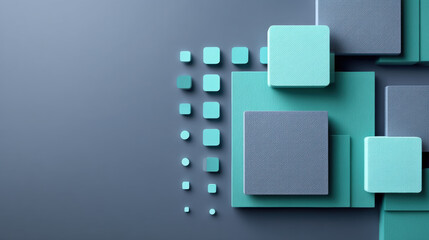 Obraz premium Abstract geometric three dimensional teal navy blue cube square composition with layered blocks and dotted grid on dark background, modern design