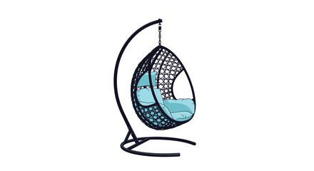 Fototapeta premium Stylish black wicker hanging egg chair with comfortable light blue cushions stands on a sturdy metal frame against white background.