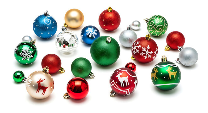 Assorted christmas ornaments with reflective surfaces displayed against a white background holiday decorations
