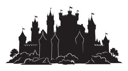 Medieval castle with trees and hills black silhouette © MDSHANTO