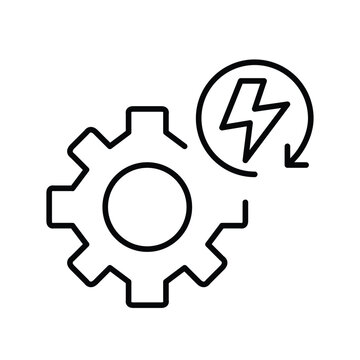 Settings, cogwheel and lightning bolt in renew arrow. Fast maintenance cycle, quick config reset, rapid settings sync. Pixel perfect, editable stroke vector icon