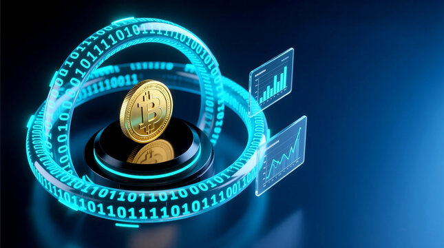 Futuristic conceptual artwork digital currency symbol encircled by binary data and charts embodying the digital finance transformation and smart contracts era