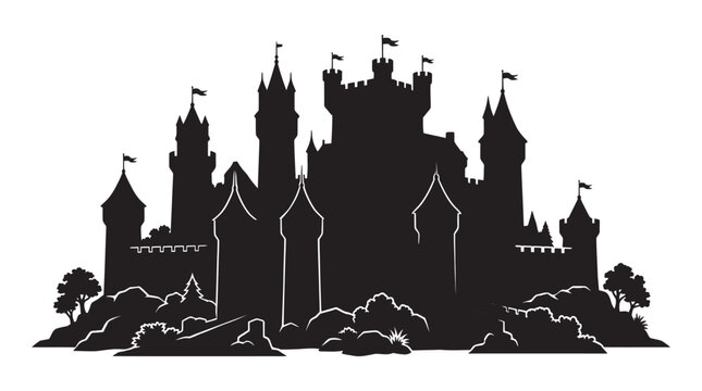 Medieval castle with trees and hills black silhouette