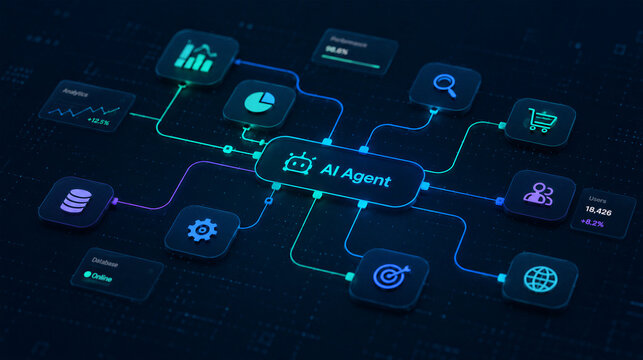 An abstract 3D rendering of an artificial intelligence workflow automation software interface. Featuring a futuristic node-based data flow and processing dashboard