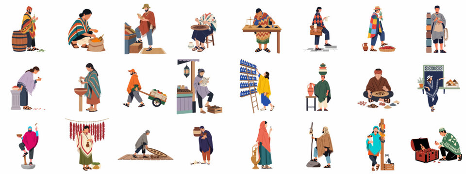 Flat vector illustration collection of diverse people in traditional clothing working with spices, herbs, and potions in various historical trade and market scenes.