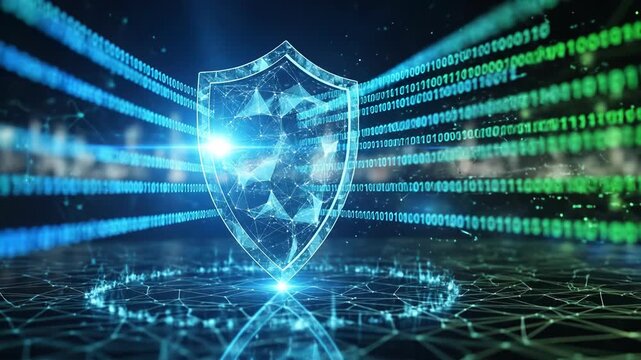 Glowing Digital Shield with Binary Code Data Streams